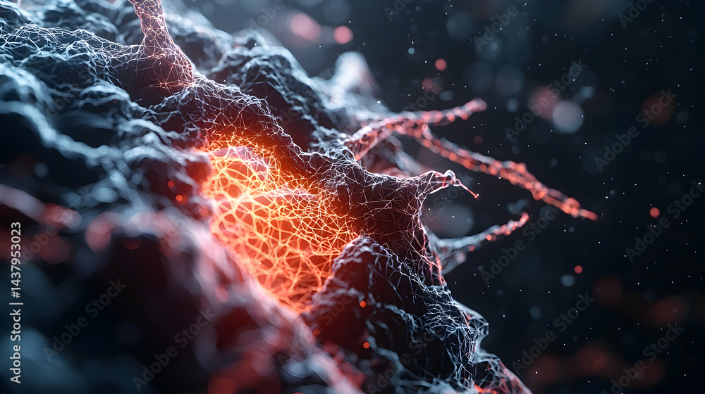 Poster abstract depiction of neural pathways and connections. suggests concepts like data transmission or b