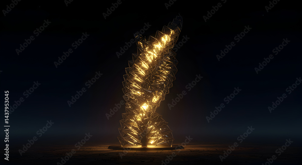 Poster geometric gold structure illuminated on dark backdrop rendering illustration