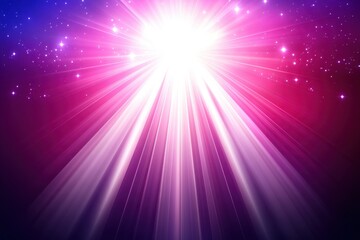 Radiant light beams burst from center, illuminating a vibrant purple and pink backdrop, speckled with glittering stars