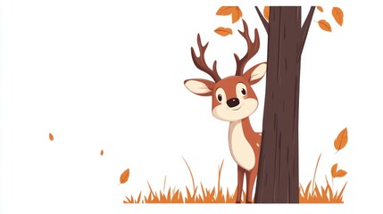 Cute deer peeking from behind a tree in autumnal scene