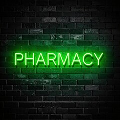 Fototapeta premium Green neon pharmacy sign on brick wall