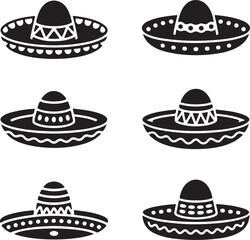 Six Variations of Sombrero Hat Icons Black and White