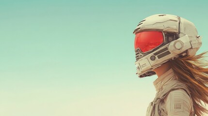 A person stands outdoors wearing a futuristic helmet, showcasing the blend of human innovation and technology under a clear blue sky during daylight