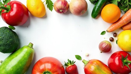 Variety of organic fruits & vegetables on white, lifestyle, texture, diet