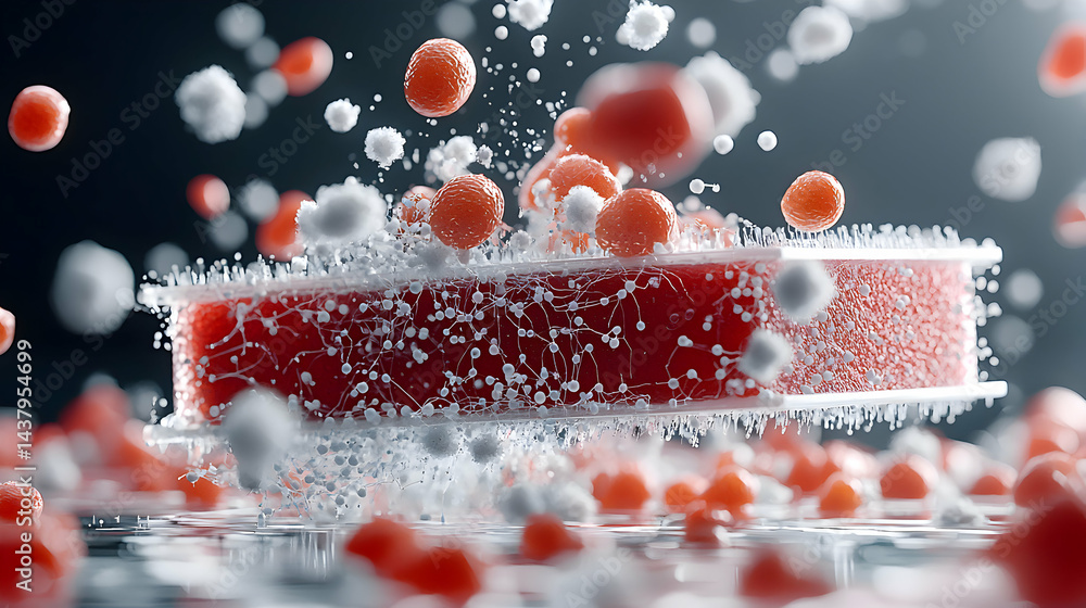 Poster a microscopic view of biological processes highlighting cells and structures within a body. it sugge