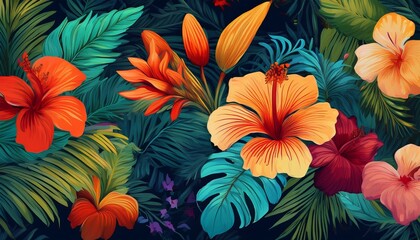 vibrant tropical floral pattern with hibiscus and lush greenery on dark background