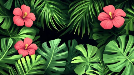 Tropical Hibiscus Flowers  Leaves.