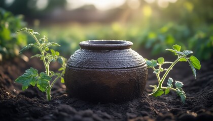 Close-up of an ancient clay olla pot partially buried among tomato plants, with a moist soil halo effect, captured in soft diffuse morning lighting, showcasing water conservation technique
