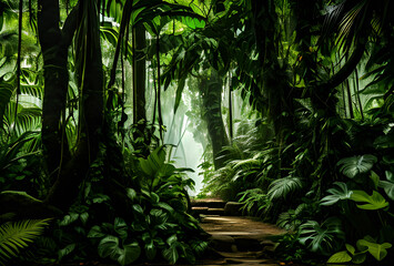 Naklejka premium Lush green jungle landscape with towering mountains under vibrant Beautiful green tropical jungle for natural background and scattered clouds, creating serene and breathtaking view