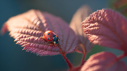 Fototapeta premium A ladybug perched on the edge of a colorful leaf, with soft sunlight highlighting its red body. The leaf veins are clearly visible, creating a beautiful contrast with the ladybug.