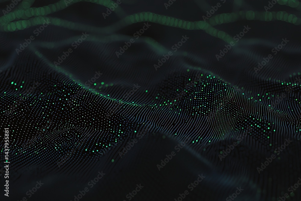 Poster abstract wavy surface with green particles visualizing digital information