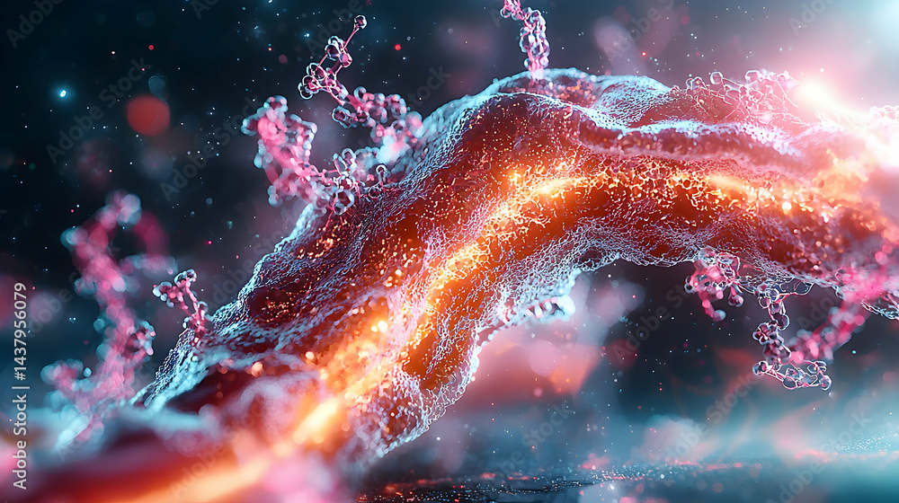 Poster this image depicts an abstract cellular structure with a vibrant interplay of light and color. it's 