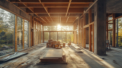 Fototapeta premium minimalist house construction site with natural light streaming in, creating warm atmosphere