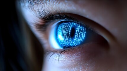 Human Eye with Glowing Binary Code Reflection in Digital Art