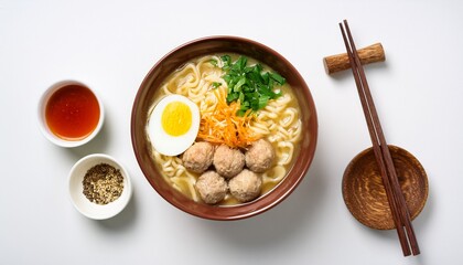 delicious bowl of bakso with meatballs noodles and boiled egg on a white background bakso on bowl top view white background