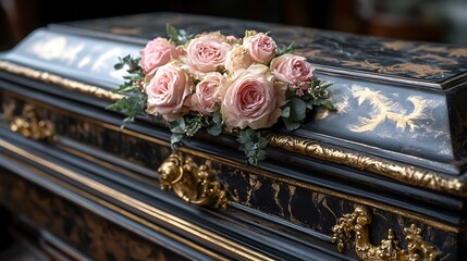 Ornate dark casket adorned with a delicate bouquet of pink roses