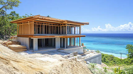 Obraz premium Contemporary beach house under development with ocean view and natural surroundings
