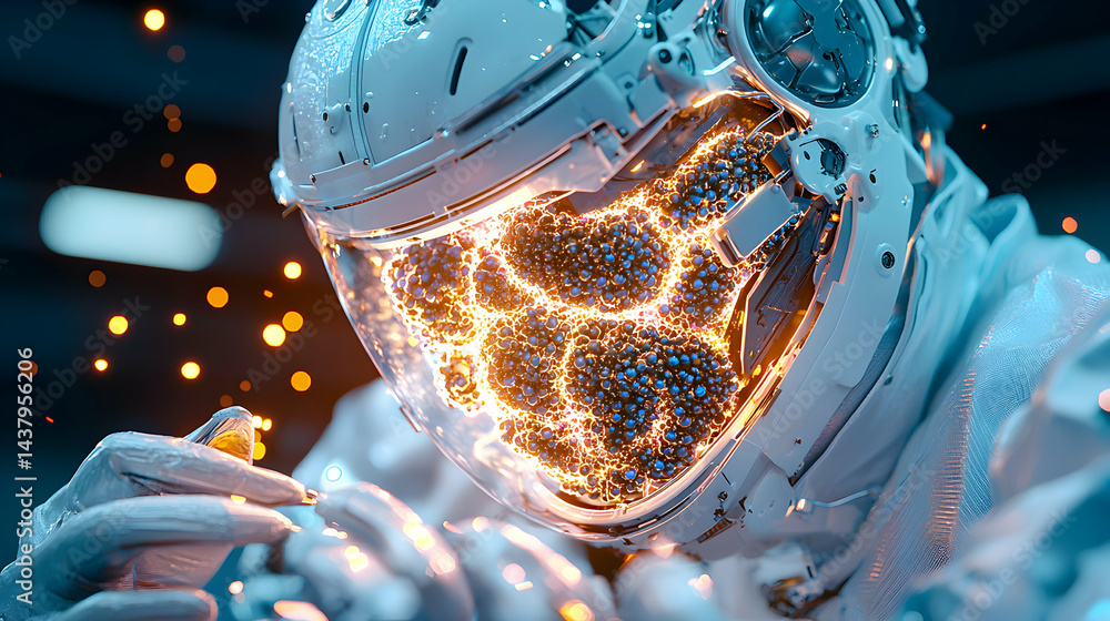 Poster a futuristic scientist in a lab observes energy within a helmet. potentially bio-engineering or quan