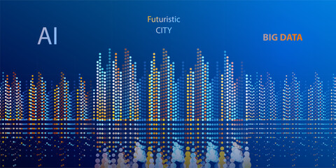 Smart city landscape technology background. Future urban architecture particles buildings vector. Big data city ai concept. Digital futuristic intelligence high tech city design banner.