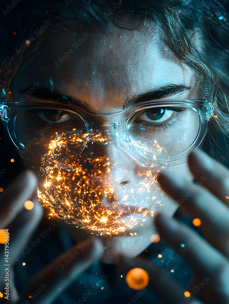 Poster a person with glowing energy emanating from their face and hands. it could represent technology know