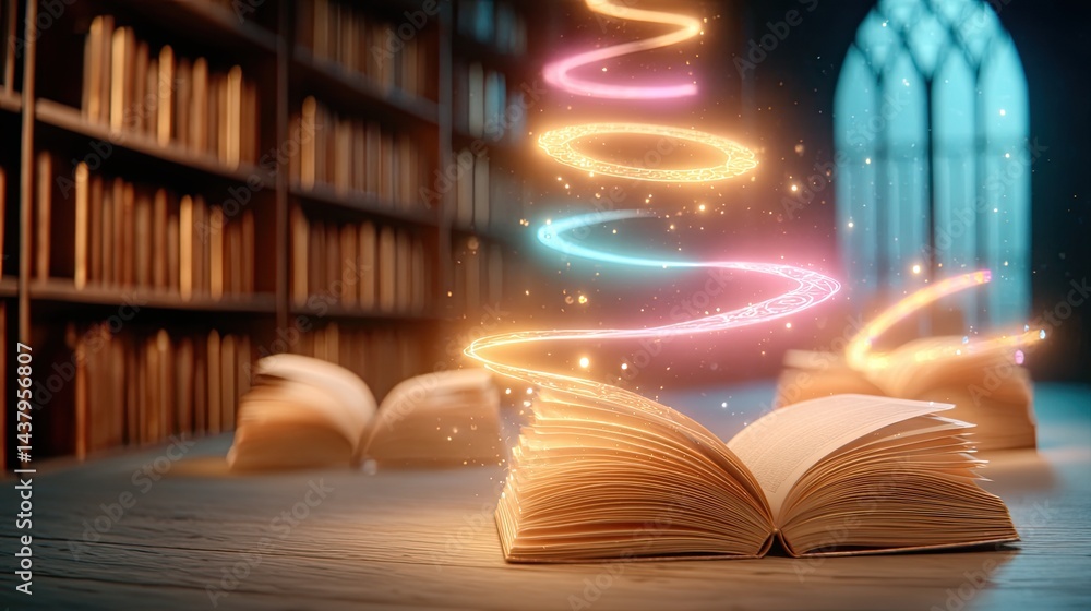 Poster fantasy bookstore flying books open book with magical glowing light trails in a library setting a fa