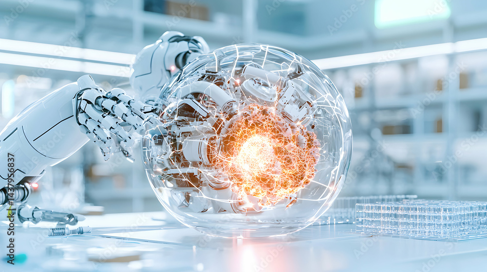 Poster a robot manipulates a glowing sphere inside a lab. the scene suggests advanced technology and scient