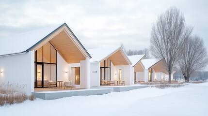 Modern winter resort cabins nestled in snowy landscape