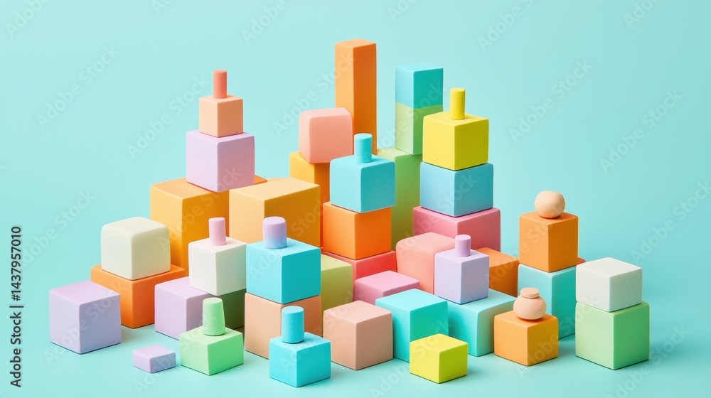 Poster a collection of colorful cubes in various shapes and sizes, arranged in a playful and artistic manne