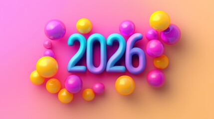 Rainbow gradient background with clusters of shiny balloons and bold  floating in center