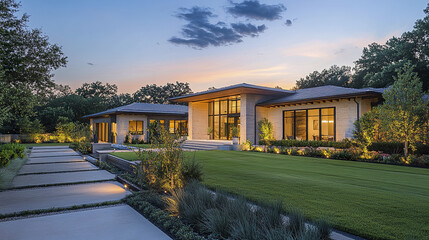 Fototapeta premium contemporary house during evening golden hour, showcasing modern architecture and landscaping