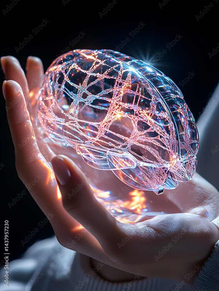 Poster a glowing brain held in hand symbolizes knowledge and innovation. use it for educational content tec