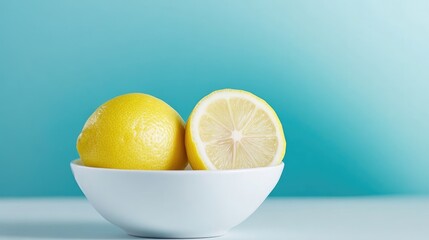 Fresh lemons in a white ceramic bowl on a light blue background, close-up shot with one lemon halved to reveal juicy interior, and vibrant and healthy.