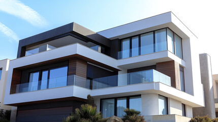 Obraz premium Modern house with asymmetrical design and large glass windows, showcasing contemporary