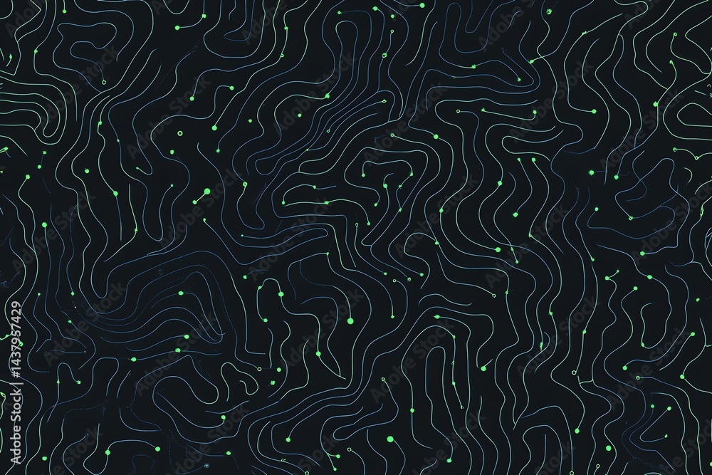 Poster abstract topographic map with green lines and dots on dark background