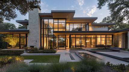 Fototapeta premium Modern house with large glass windows and clean lines, surrounded by greenery and water features