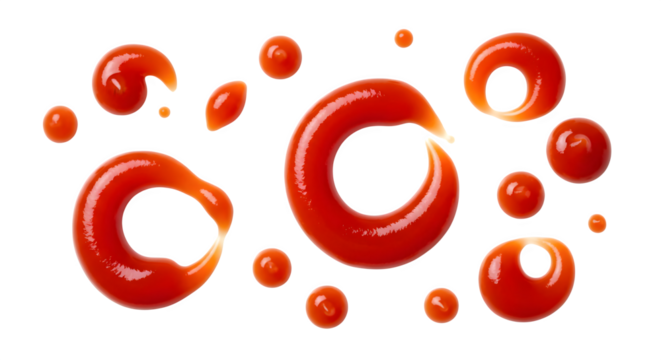 Floating arrangement of red ketchup swirls and dots against a stark black background, isolated shot  transparent background, white background. isolated on transparent background, png, jpeg, jpg,