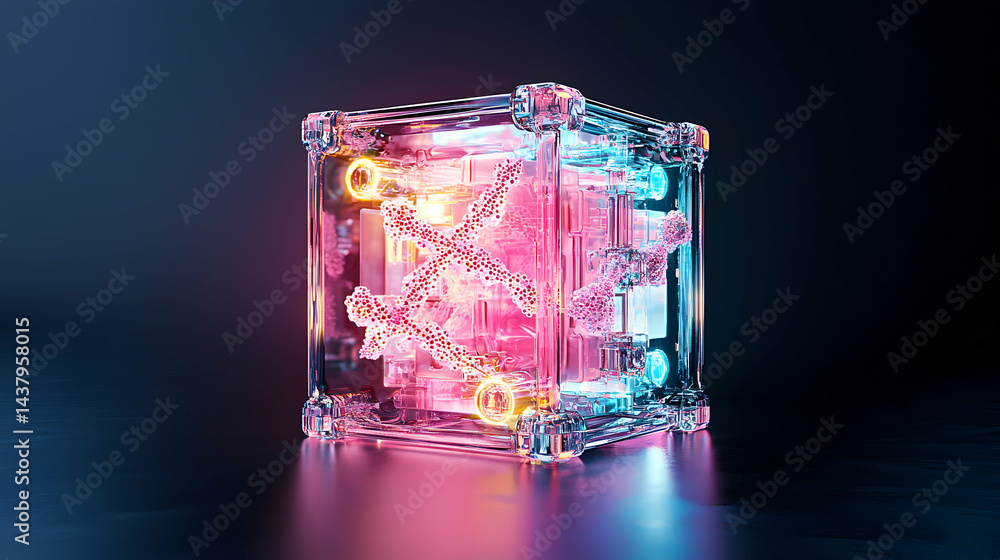 Poster A futuristic cube with internal structures and glowing elements. Ideal for tech design or scientific visualizations possibly representing nanotechnology or data processing.