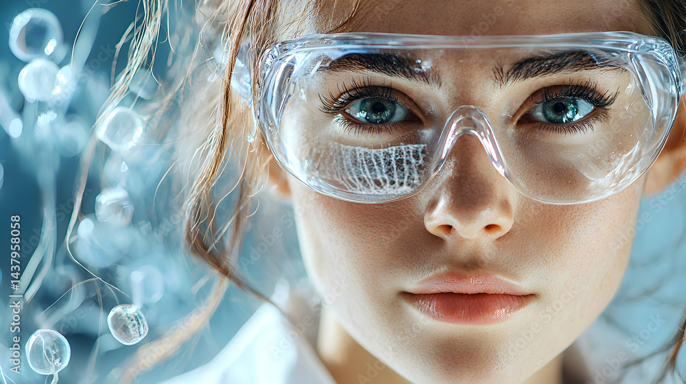 Poster a scientist with protective eyewear. exploring science or laboratory work. perfect for science artic