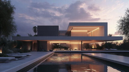contemporary minimalist villa with open facade, showcasing warm lighting and serene pool