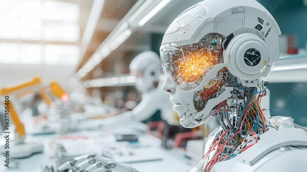 Poster a futuristic robot with exposed wiring and glowing circuits suggests technological advancement and p