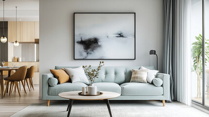 Obraz premium contemporary Scandinavian home interior featuring mint green sofa, stylish decor, and modern art