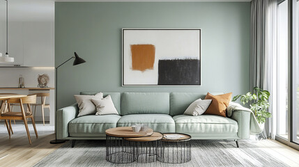 contemporary Scandinavian home interior featuring mint green sofa, stylish decor, and natural