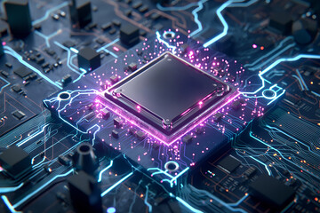 Fototapeta premium Neon-lit Close-up of a Modern CPU Microchip on a Circuit Board 