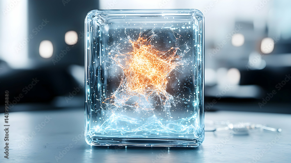 Poster an abstract depiction of a glowing neural network inside a glass cube. it can be used as a visual re