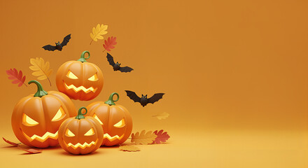 3D illustration with pumpkins and flying bats, autumn leaves on orange background. Happy halloween holiday party 