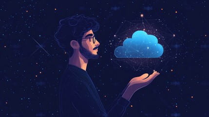 Man holding glowing digital cloud, network concept.