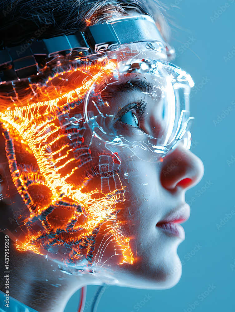 Poster futuristic portrait depicting technology interacting with a person's face. great for sci-fi projects