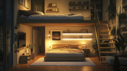 Cozy small house interior with loft sleeping area, warm lighting, and plants creating serene