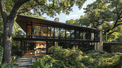Stunning modern house surrounded by lush greenery and large windows, showcasing nature beauty