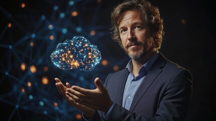 Man in suit presenting a glowing digital cloud network in his hands.